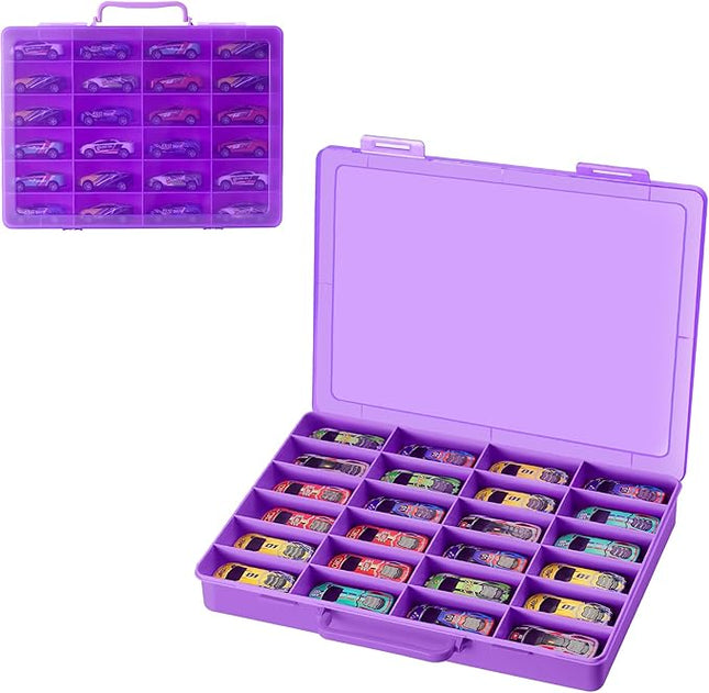 Toy Storage Organizer Case for Hot Wheels Car, for Matchbox Cars, for Mini Toys, for Small Dolls. Carrying Box Container Carrier with 24 Compartments (Box Only) (Purple)