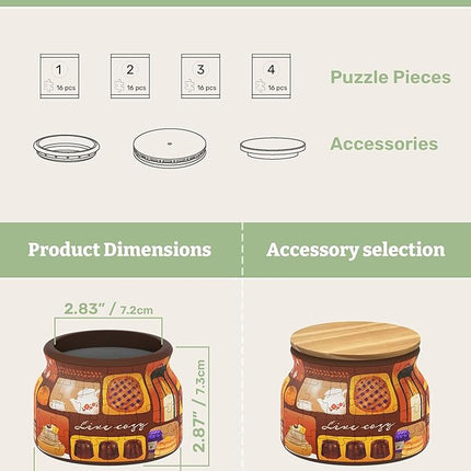 PieceRelax 3D Puzzle Jar 64 Plastic Pieces for Adults - Live Cozy - Wooden Lid Container for Kitchen Dining Study Living Room No Glue Requied Small [BC1021]