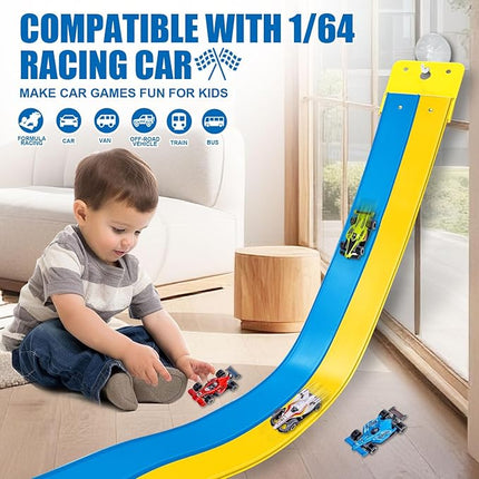 Flexible Race Track Toys for Kids, 15 Ft Double Lane Racetrack with 4 Cars & Suction Cups, Compatible with Hot Wheels & 1/64 Diecast Cars, Portable Roll Up Car Ramp Track Set for Ages 3+(Yellow&Blue)