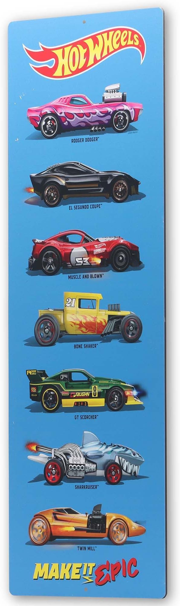 Hot Wheels Car Line-Up Vertical Metal Sign - Large Hot Wheels Wall Art for Kids' Bedroom or Play Room