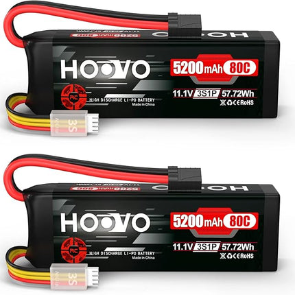 HOOVO 11.1V 80C 5200mAh 3S LiPo Battery with Tracxas Plug for RC Car RC Truck RC Boat Hobby (2 Packs)