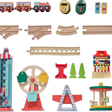 Teamson Kids Wooden Train Table – Carnival-Themed Amusement Park Playset with Ferris Wheel, Carousel & Train Track – Interactive Toy for Toddlers with Storage – Ages 3+
