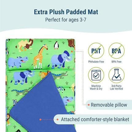 Wildkin Kids Original Nap Mat – Cozy Kids Sleep Mat with Pillow, Ideal for School & Travel - Wild Animals