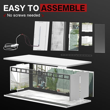 1/64 Scale Diecast Display Case for Hot Wheels Matchbox Cars, Toy Car Model Mini Garage with LED Light and Acrylic Cover, Stackable Parking Lot Diorama Storage for Collection Present