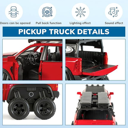 Toy Trucks for Boys 1/32 Diecast Trucks Mammoth Model Truck,Collectible Pickup Truck Model Kit,Pull Back Cars with Lights and Sounds,Toy Trucks for Boys Age 4-7（Red）