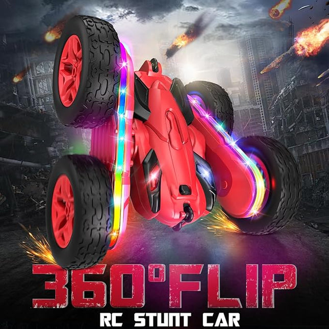 Remote Control Car,RC Cars with Sides Light Strip and Headlights,Double Sided 360 Flips Rotating RC Stunt Car,2.4Ghz All Terrain Toys for Ages 5-7 Kids Toy for Boys Girls Birthday Gift(Red)