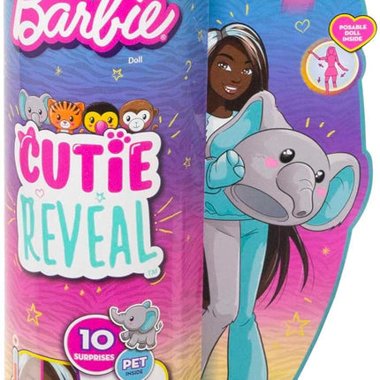 Barbie Cutie Reveal Fashion Doll, Jungle Series Elephant Plush Costume, 10 Surprises Including Mini Pet & Color Change