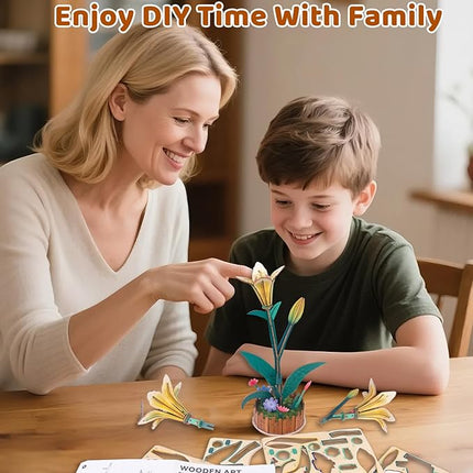 3D Wooden Flower Puzzles for Adults Lily, DIY Artificial Flower Building Set Wooden Bloom Craft Kits Home Decoration, for Women Mom Birthday Thanksgiving Christmas Valentine's Day