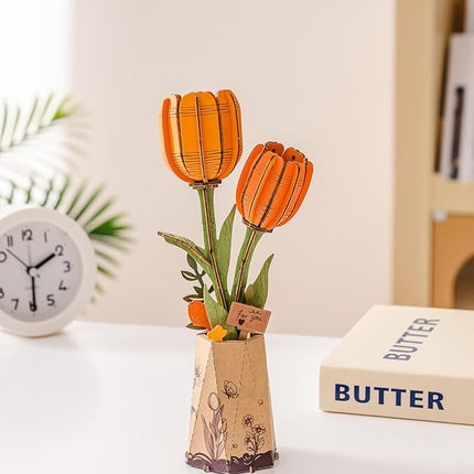 rowood Wooden Flower,DIY Artifical Flower Building Set Craft Kit for Adults,Mother's Day/Valentine's Day for Mom/Women/Grandma-Orange Tulip