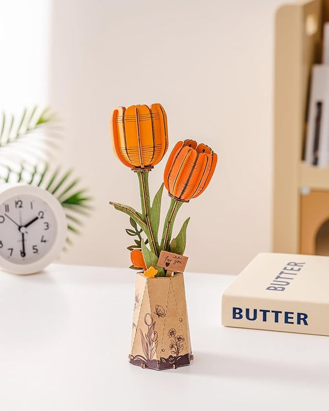 rowood Wooden Flower,DIY Artifical Flower Building Set Craft Kit for Adults,Mother's Day/Valentine's Day for Mom/Women/Grandma-Orange Tulip