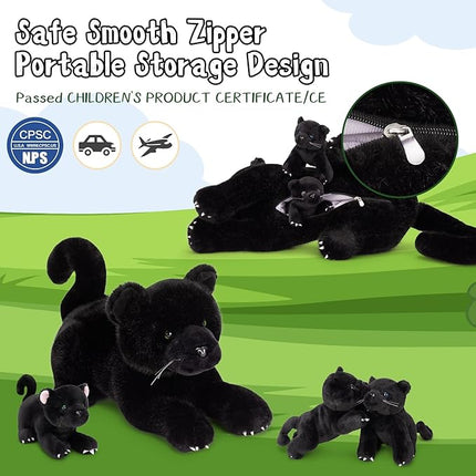 MorisMos Black Plush Panther Stuffed Animal with Babies,18'' Big Mama and Baby Stuffed Panther Toys for Kids Girls Boys, 4 Packs Black Jaguar Animals, Cute Leopard Toys for Kids