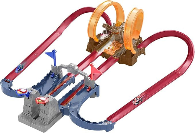 Hot Wheels Mario Kart Bowser’s Castle Chaos Modular Track with Side by Side Racing Lap Flags and Bowser Figure Connects to Other Sets Gift idea for Ages 3 Years and Older