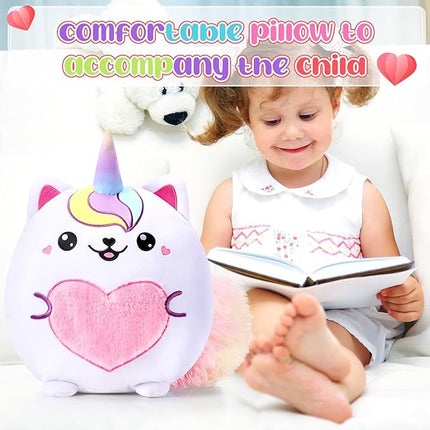 Leyndo Stuffed Unicorn Pillow Plush 14 Inch Cat Plush Toy Unicorn Cat Stuffed Animal Birthday Kitty Plushies Pillow for Christmas Birthday Kids Toddlers Girls Boys Room Sofa Car Decor(Lovely)