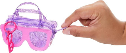 Barbie Clothes & Accessories, Deluxe Sunglasses-Shaped Bag with Keychain, Multicolor Gingham Dress & Summery Accessories for Fashion Dolls