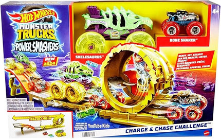 Hot Wheels Monster Trucks Track Set with 2 Toy Trucks: Oversized Skelesaurus & 1:64 Scale Bone Shaker, Charge & Chase Challenge with 2 Crushed Cars