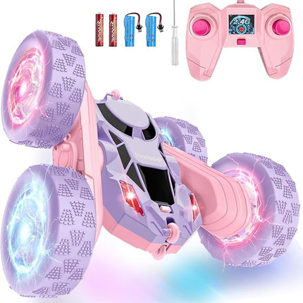 Remote Control Car, Double Sided 360°Rotating 4WD RC Cars with Headlights 2.4GHz Electric Race Stunt Toy Car Rechargeable Toy Cars for Boys Girls Birthday (Pink and Purple)