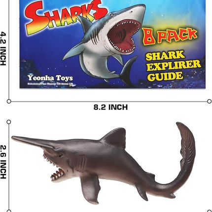Yeonha Toys 8 Pack Shark Toys with Educational Booklet, Soft Plastic Realistic Shark Figure Set for Kid, Ocean Sea Animal Party Favor, Pool Bath Tub Toy for Toddler Child Boy Girl, Birthday Gift