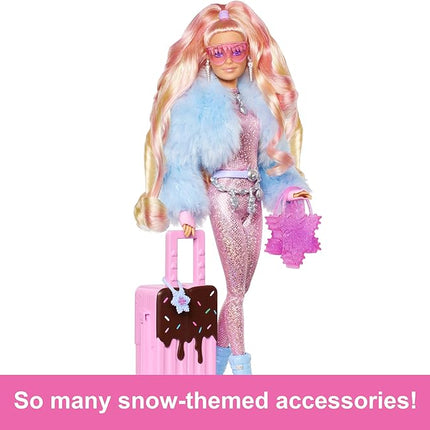 Barbie Extra Fly Doll with Snow-Themed Travel Clothes & Accessories, Sparkly Pink Jumpsuit & Faux Fur Coat