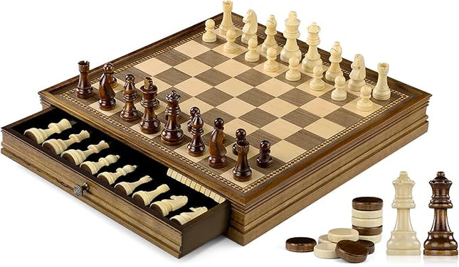 Peradix Magnetic Chess Checkers Board Sets with 2 Built-in Storage Drawers,15" Classic 2 in 1 Wooden Games with 2 Extra Queens for Kids and Adults,Travel Portable Chess Game Set