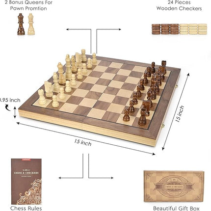 AMEROUS 15'' Magnetic Wooden Chess & Checkers Game Set -2 Extra Queens -24 Cherkers Pieces - Chessmen Storage Slots, Beginner Chess Set for Kids and Adults, Classic 2 in 1 Board Games