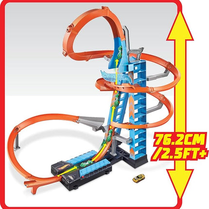 Hot Wheels Sky Crash Tower Track Set, 2.5+ ft / 83 cm High with Motorized Booster, Orange Track & 1 Hot Wheels Vehicle, Race Multiple Cars, Gift for Kids 5 to 10 Years Old & Up