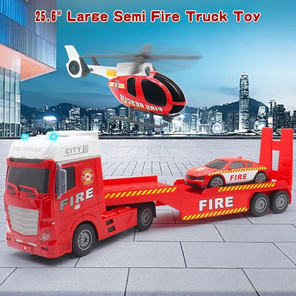 Toddler Boy Toys for 4 5 6 Year Old - 25'' Large Fire Truck Toy with Helicopter and Racing Car - Flatbed Semi Truck Firetruck Toy Birthday Gift with Sound, Light, 28pcs Traffic Signs, Kids Toys