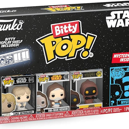 Funko Bitty POP! Star Wars - Luke, 4-Pack - Luke Skywalker, OBI-Wan Kenobi, Jawa and A Surprise Mystery Mini Figure - 0.9 Inch (2.2 Cm) Collectable - Stackable Display Shelf Included - Gift Idea