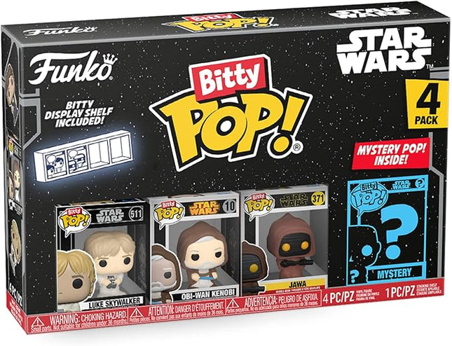 Funko Bitty POP! Star Wars - Luke, 4-Pack - Luke Skywalker, OBI-Wan Kenobi, Jawa and A Surprise Mystery Mini Figure - 0.9 Inch (2.2 Cm) Collectable - Stackable Display Shelf Included - Gift Idea