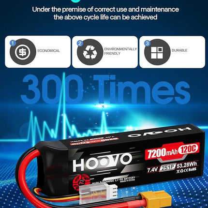 HOOVO 2S Lipo Battery, 7.4V 7200mAh 120C RC Battery Pack,Softcase with XT60 Plug for RC Car Truck Buggy Crawler Airplane Boat RC Vehicle,2Packs