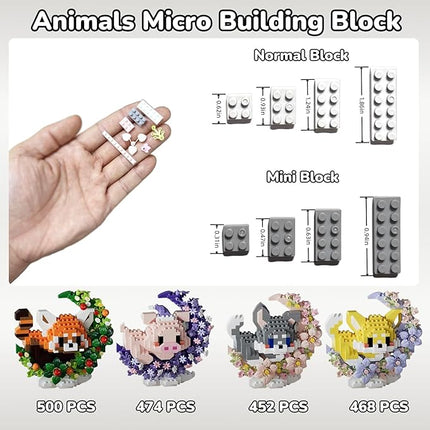 4 Pack Micro Building Block Sets, Cute Animals Micro Set with Flower and Moon, Building Blocks for Adults, Ideal for Collection and Desktop Decoration (Red Panda, Pig, Dog, Cat)