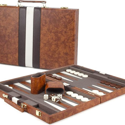 AMEROUS Backgammon Set, 15 Inches Classic Board Game with Leather Case, Folding Board, Gift Package, Portable Travel Strategy Backgammon Game Set for Adults, Kids (Medium, Brown)