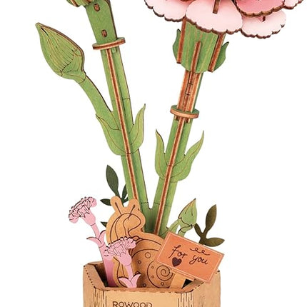 rowood 3D Puzzle Wood Flower,DIY Artifical Flower Building Set Craft Kit for Women,Mother's Day/Valentine's Day/Teacher's Day/Thanksgiving/Christmas/Birthday Gift -Pink Carnation