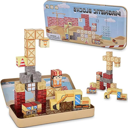 35PCS Magnetic Blocks for Kids - STEM Learning Creative Construction Sets Building Cubes with Portable Iron Storage Box, Educational Travel Games, Road Trip Sensory Toys Magnetic Tiles (Construction)
