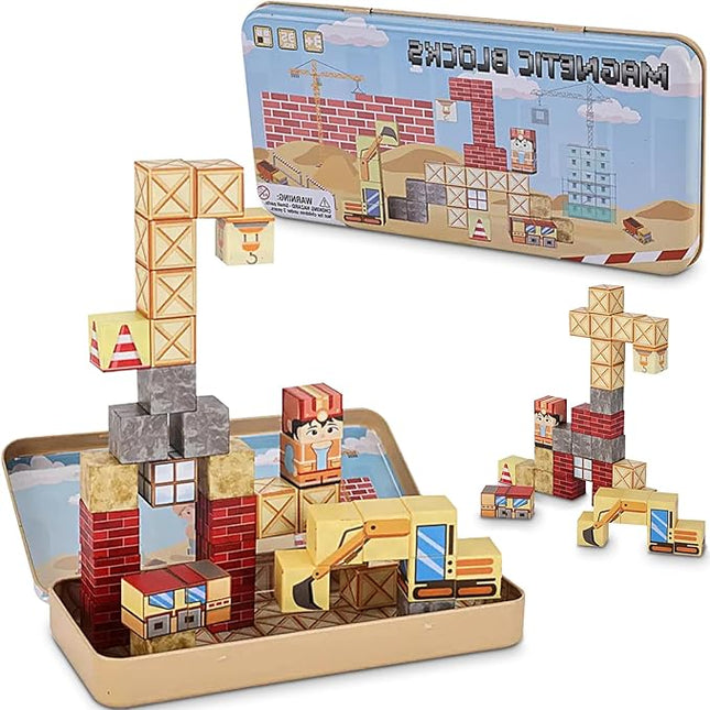 35PCS Magnetic Blocks for Kids - STEM Learning Creative Construction Sets Building Cubes with Portable Iron Storage Box, Educational Travel Games, Road Trip Sensory Toys Magnetic Tiles (Construction)