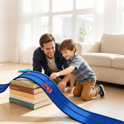 Flexible Race Car Ramp Track for Kids Toy 4 Small Race Cars and 8 Suction Cups Compatible with Hot Wheels and Diecast 1/64th Cars, Rolls Up Portable Racetrack for Ages 3 & Up (Dark Blue)