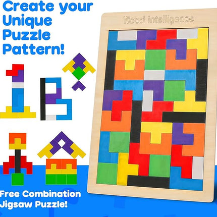 Skrtuan Wooden Hexagon Puzzle for Kid Adults Pattern Blocks Brain Teasers Tangram Puzzles Toy Jigsaw Board Geometry Logic IQ Travel Game STEM Montessori Educational Toys Gift, Puzzle Set, 4 Pack