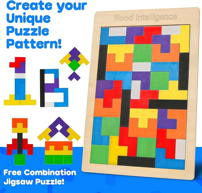 Skrtuan Wooden Hexagon Puzzle for Kid Adults Pattern Blocks Brain Teasers Tangram Puzzles Toy Jigsaw Board Geometry Logic IQ Travel Game STEM Montessori Educational Toys Gift, Puzzle Set, 4 Pack