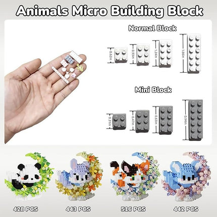 4 Packs Micro Building Block Sets, Cute Animals Micro Set with Flower and Moon, Building Blocks for Adults, Ideal for Collection and Desktop Decoration (Panda Bunny Cat Koala)