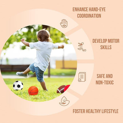 Balls for Toddlers with Pump 4 Pack 5" Small Rubber Playground Balls for Kids - 1 Football, 1 Basketball, 1 Soccer Ball and 1 Dodge Kickball - Indoor Outdoor Toys Gift
