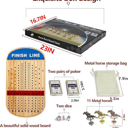 Large 21 Inches Horse Racing Board Game with 11 Luxury Metal Horses Thickened Wood Finish Line Horse Race Game Chessboard Including Dices and Cards (Log,Oval)