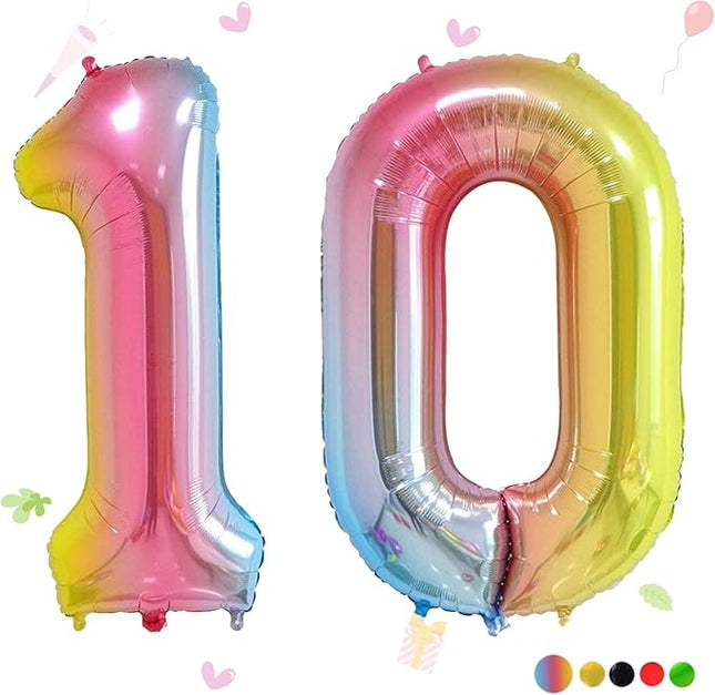 Smlpuame 40 Inch Number Balloons 0-9 Rainbow Gradient Large Number 10 Balloons, Digital Balloons for Birthday Party Celebration Decorations, Helium Foil Number Balloons for Wedding Anniversary