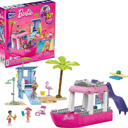 MEGA Barbie Kids Building Toy Set, Malibu Dream Boat with 317 Pieces, 2 Micro-Dolls and Accessories, Pink, Ages 6+ Years