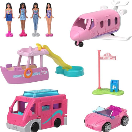 Barbie Mini BarbieLand Multi-Pack Doll & Toy Vehicle Set with 4 Dolls 1.5-inches Tall & 4 Iconic Vehicles with Color-Change Surprise
