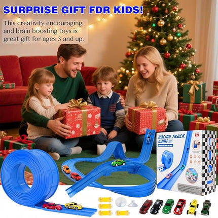 15 Ft Flexible Race Car Track for Kids, Rolls Up Portable Race Tracks with 6 Car & Suction Cups, Compatible with Hot Wheels and Diecast 1/64th Cars, Birthday Gifts for Boys Girls