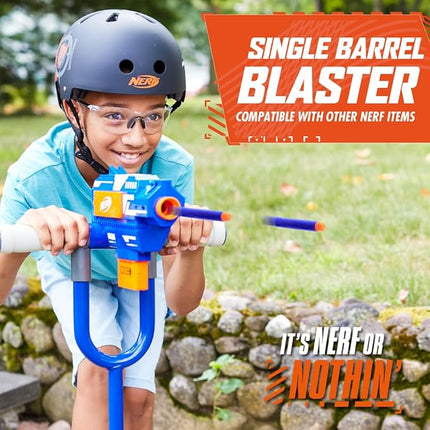 NERF Kick Scooter for Kids, Dual Barrel Blaster Fires Up to 40 Feet, Supports Up to 150lbs, Rear Brake, Sturdy Steel Frame, Wide Surface Textured Molded Deck, Outdoor Activities for Boys/Girls