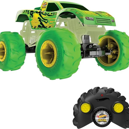 Hot Wheels Monster Trucks RC Toy, Remote-Control 1:15 Scale Gunkster, Glows in The Dark & has Terrain Action Tires with Off-Roading Capability
