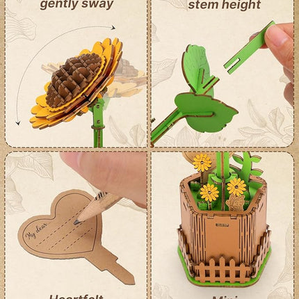 3D Sunflower Wooden Puzzles for Adults,DIY Wooden Flower Craft,DIY Wooden Flowers Model Kit Building Set Craft for Adults to Build.(3.9 * 3.6 * 9.1in 86PCS)
