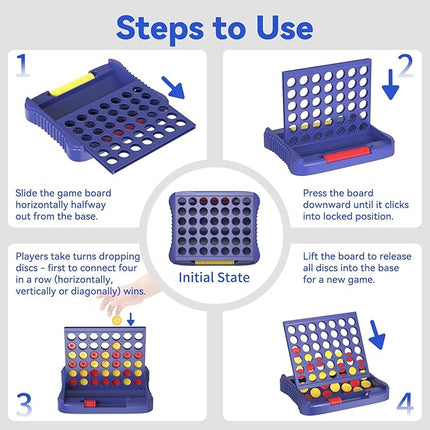 4 in a Row Board Games for Kids Ages 3+, Early Idea for Boys Girls Teens, Connect & Win Four in a Line, Portable 2-Player Strategy Games,Foldable Design with 6 Spare Discs (Blue)