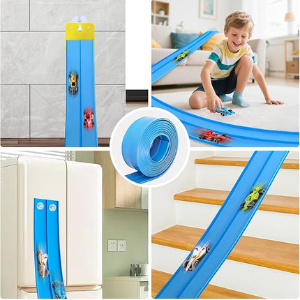 15 Ft Flexible Race Car Track, Portable Dual-Sided Race Car Track with 4 Cars & Suction Cups, Compatible with Hot Wheels & 1/64 Diecast Cars, Kids’ Car Ramp & Race Track (Blue)