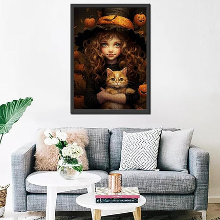 Halloween Pumpkin Girl Jigsaw Puzzle Curly Brown Hair Doll Holding Cat 1000 Piece Jigsaw Puzzles for Adults Home Decor Family Puzzle Perfect for Game Nights Ideal Gift 20 x 27 Inch